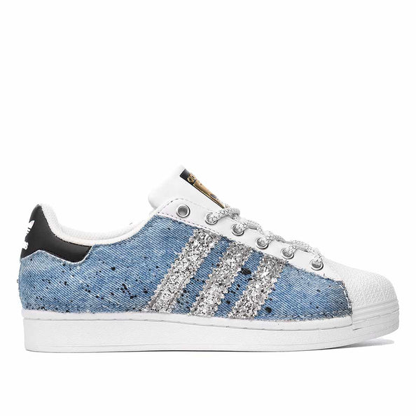 Adidas superstar in jeans color denim bande glitter argento  schizzi vernice nera 
