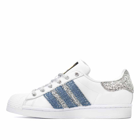 Scarpe Adidas superstar denim jeans e glitter argento