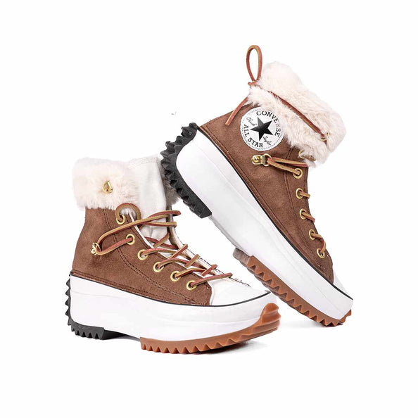 Scarpe all star Run Con morbida pelliccia bianca tessuto scamosciato e lacci in pelle marrone