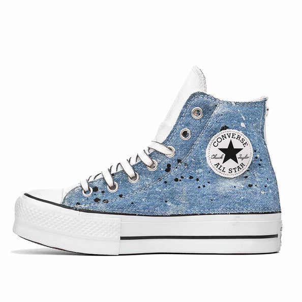 All star bianche alte platform tessuto jeans azzurro e schizzo di vernice bianco e nero