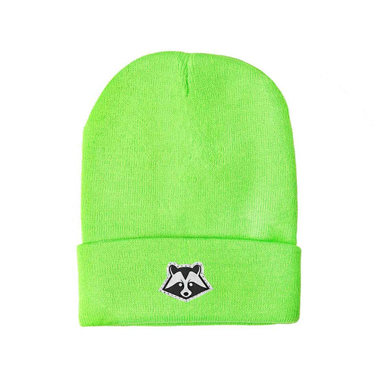 berretto verde fluo fluorescente con logo al centro con Racoon 