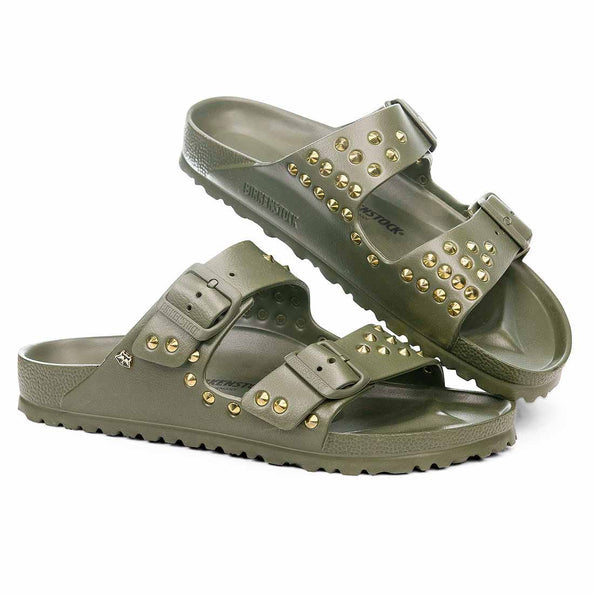 Birkenstock Arizona EVA Verde militare con borchie a cuneo oro