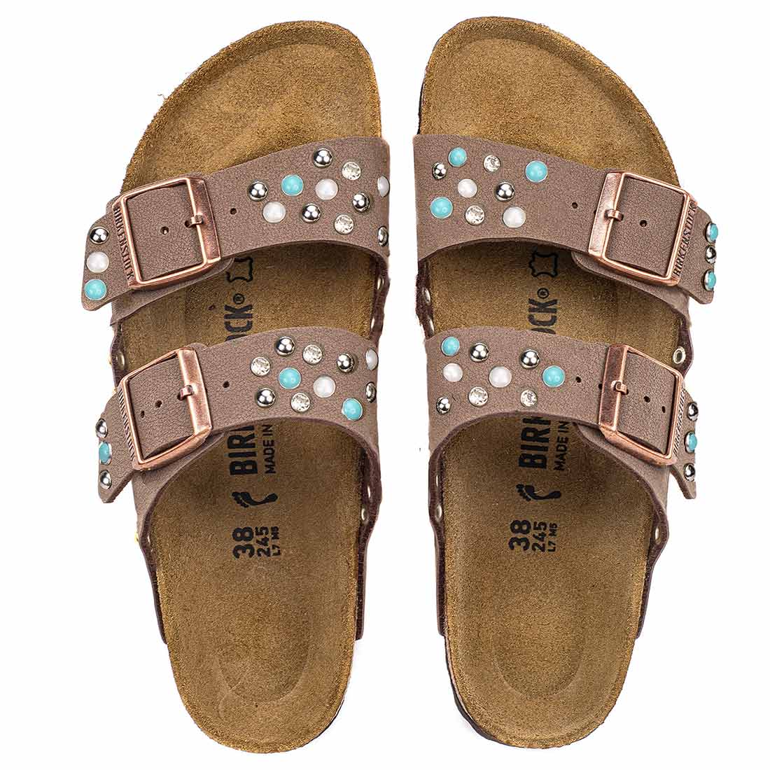 Birkenstock arizona marroni con pietre verde acqua strass luccicanti perle e borchie