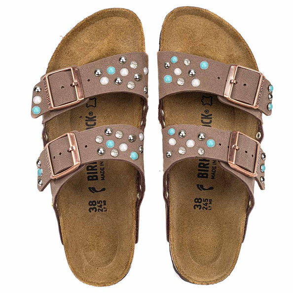 Birkenstock arizona marroni con pietre verde acqua strass luccicanti perle e borchie