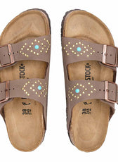 Birkenstock arizona marroni con borchie oro e cabochon azzurro