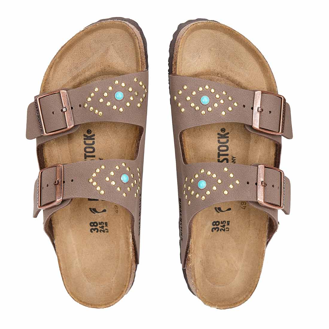 Birkenstock arizona marroni con borchie oro e cabochon azzurro