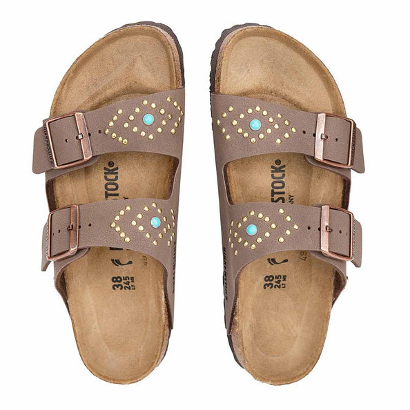 Birkenstock arizona marroni con borchie oro e cabochon azzurro