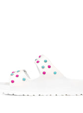 Birkenstock per piscina bianche con pietre rosa e azzurro