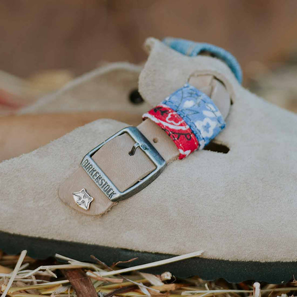 birkenstock boston taupe con bandana e denim