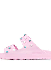 Birkenstock rosa con pietre colorate azzurre e bianche 