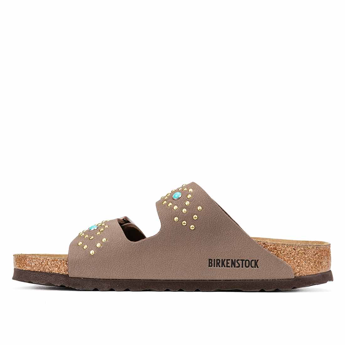 ciabatte arizona in stile country marroni con borchie e pietre azzurre