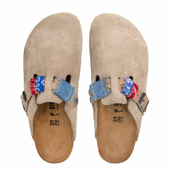 Ciabatte birkenstock boston con denim jeans e bandane rosso e blu