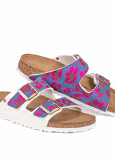 Ciabatte birkenstock in denim jeans con  texture animalier fucsia