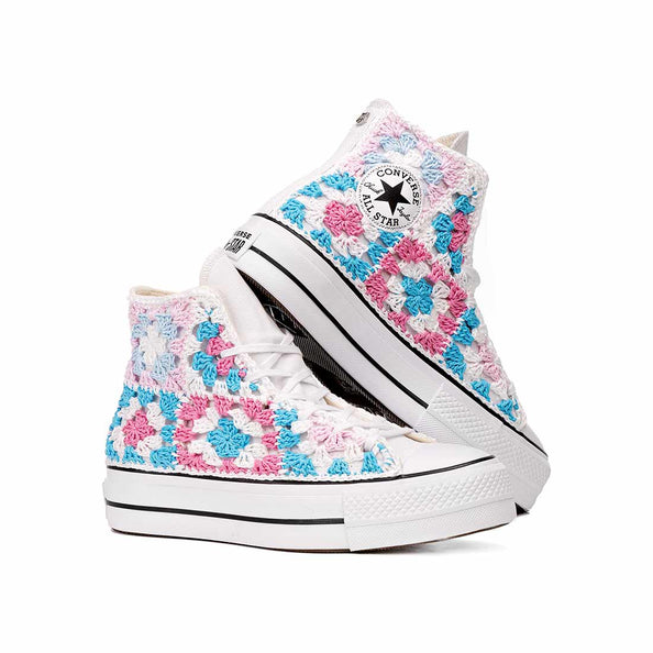 Converse All Star Alte Bianche Platform con Ricamo azzurro e rosa