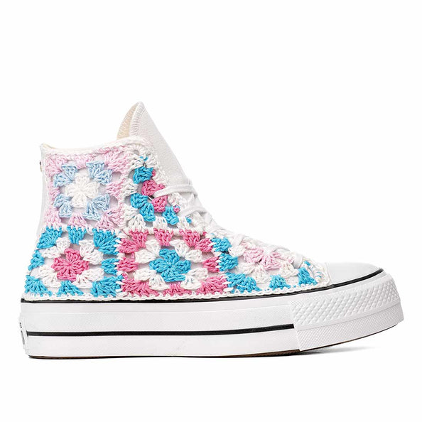 All Star Alte Platform Bianche all'Uncinetto con filo Rosa Azzurro e Bianco