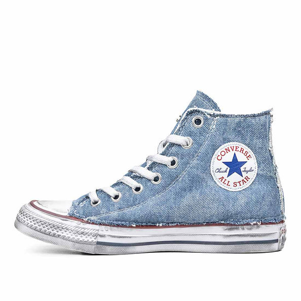 All star bianche alte tessuto jeans azzurro e suola dirty