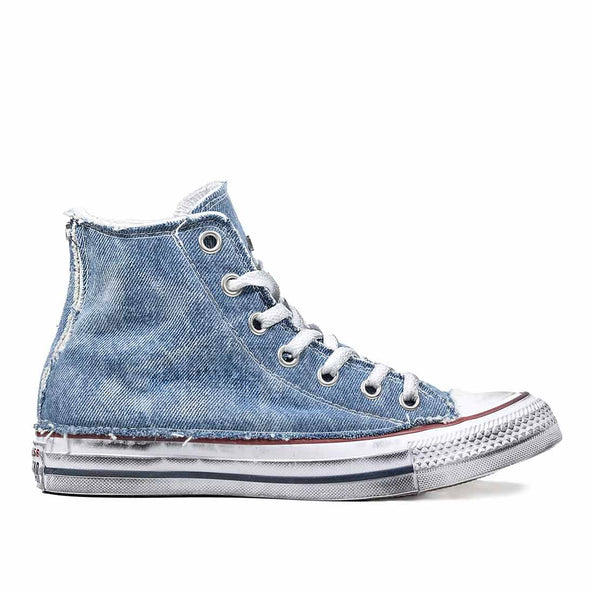 Converse all star classic alte bianche rivestite con tessuto denim jeans ed effetto vintage