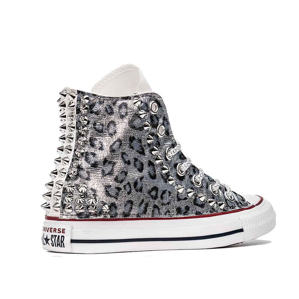 Converse all star maculate argento con borchie e lacci brillantinati argento