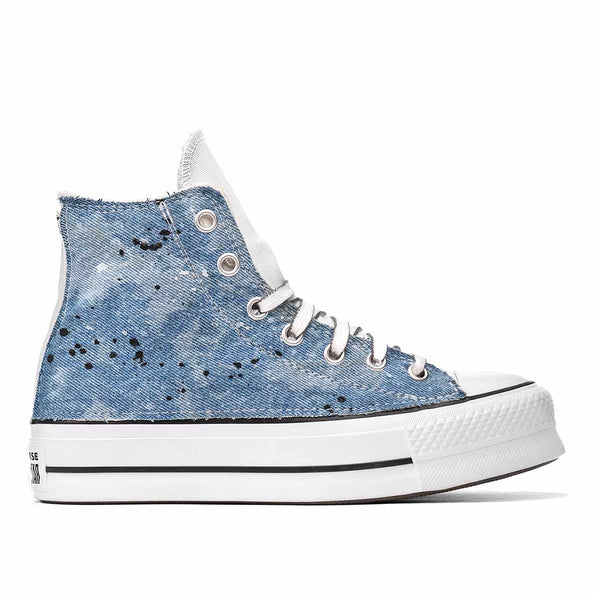Converse all star classic alte bianche con platform rivestite con tessuto denim jeans ed effetto dripping bianco e nero  
