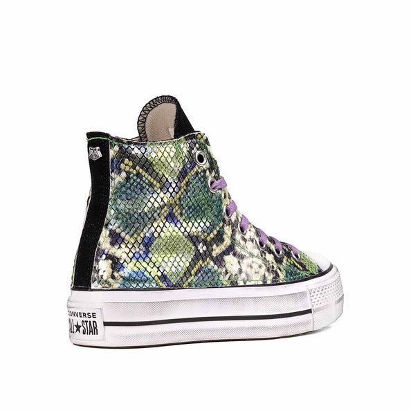 Converse pitonate olografiche viola e verde con lacci viola
