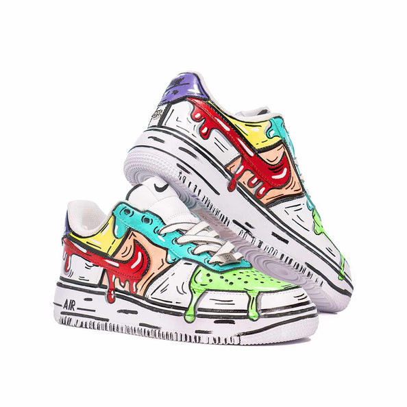 Nike AF1 cartoon con gocce disegnate a mano verde azzurro giallo rosso arancione viola