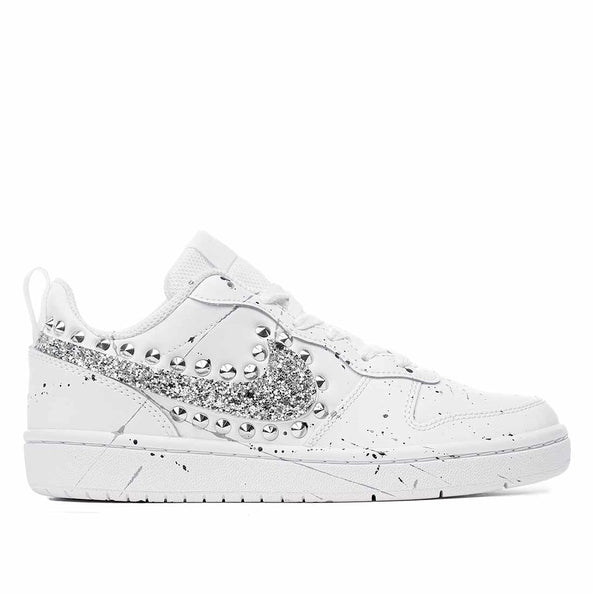 Nike Court bianche con glitter argento borchie argento ed effetto dripping