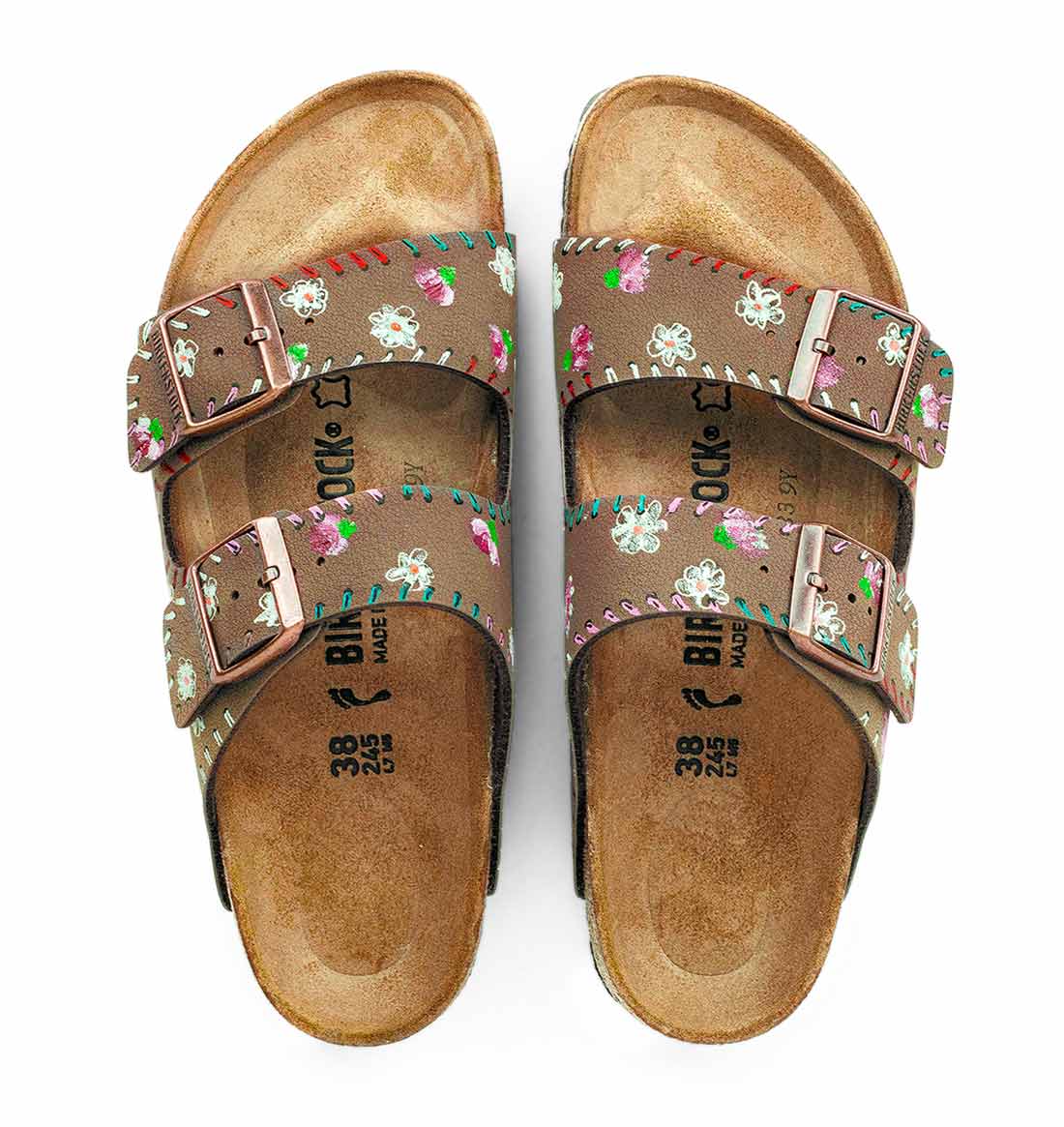 Ciabatte Birkenstock Arizona Marroni con rose e margherite e finto ricamo colorato