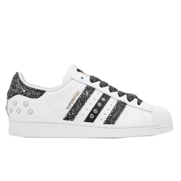 Adidas superstar con brillantini neri brillanti argento e perle bianche