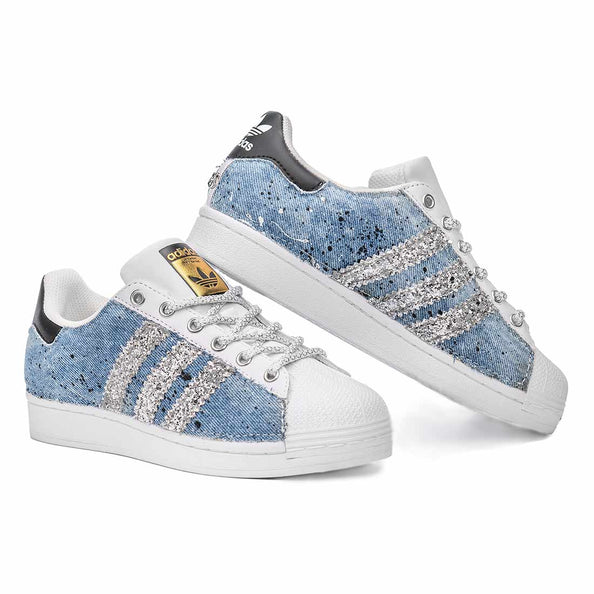 Adidas superstar jeans azzurro glitter argento