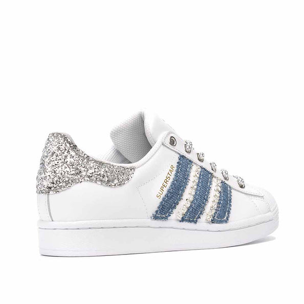 Superstar bianche in jeans denim e brillantino