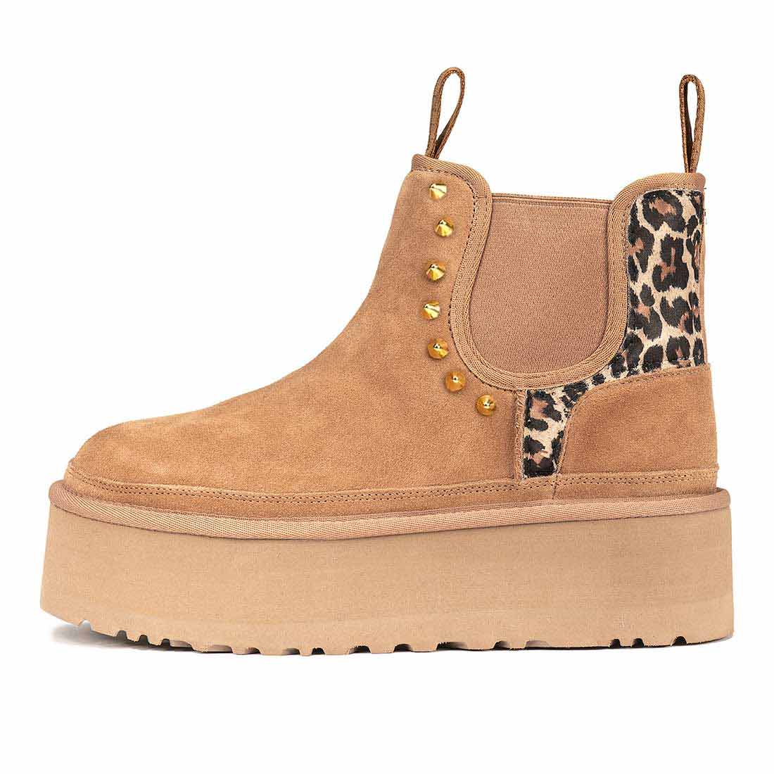 UGG NEUMEL PLATFORM CHELSEA colore Chestnut personalizzati a mano con inserti animalier leopardati