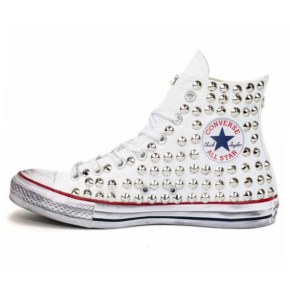 all star converse alte bianche con borchiette argento