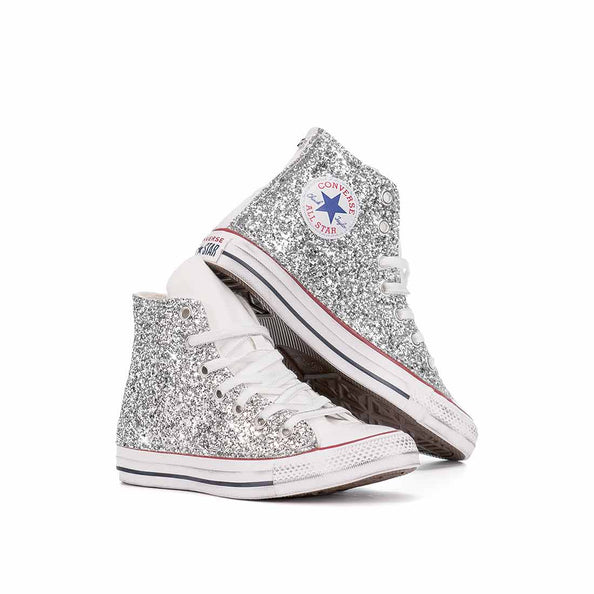 converse all star alte con brillantini argento bianche