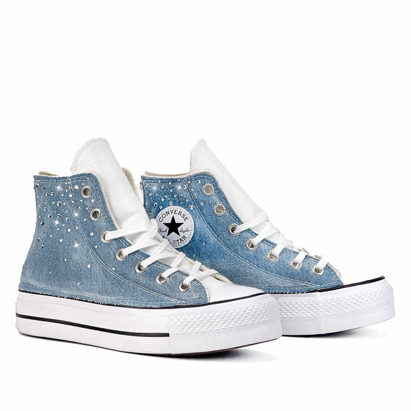 converse con suola alta in denim e strass