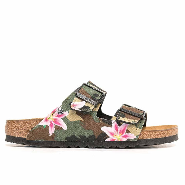 birkenstock arizona militari con fiori rosa e fucsia