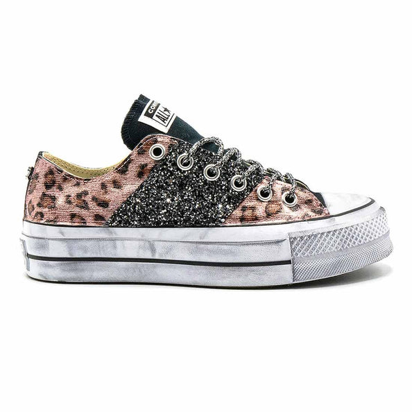 converse all star suola platform con animalier rosa e glitter nero