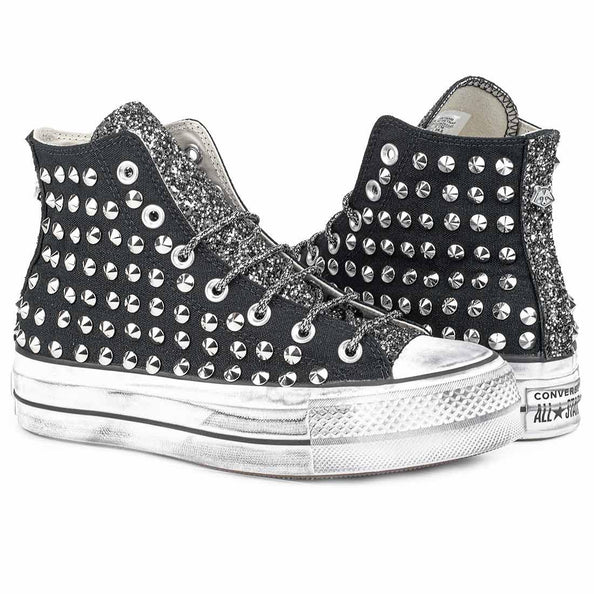 converse alte nere con brillantini argento e borchie 
