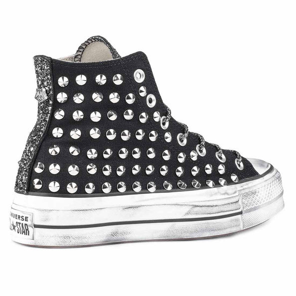 converse nere alte con suola platform borchiate con brillantini argento