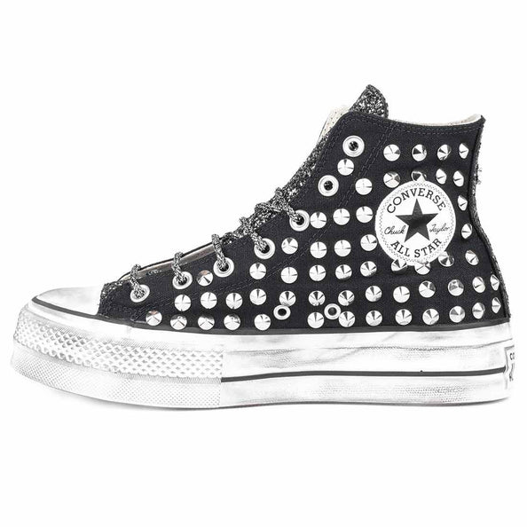 scarpe all star alte nere con borchie e brillantini argento