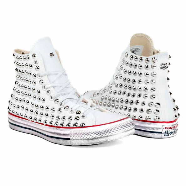 sneakers converse all star alte personalizzate con borchie in tela bianca